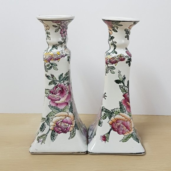 Vintage Hand Painted Floral Candlestick Holders - Picture 2 of 12